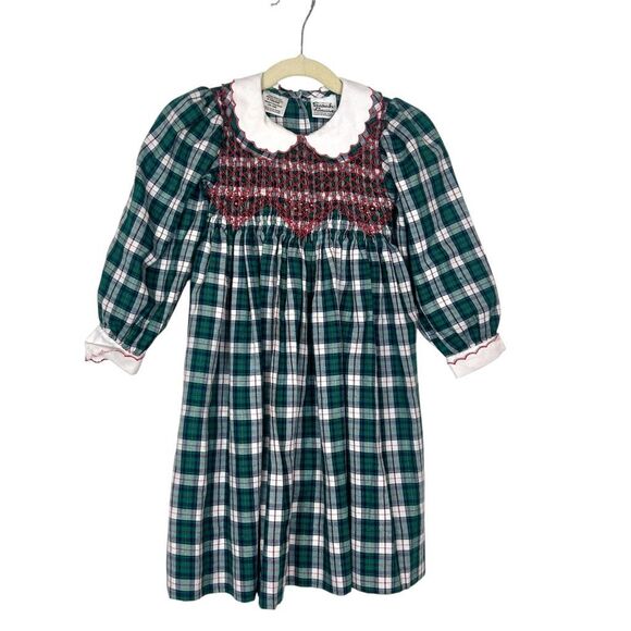 Sarah Louise Dress Girls 4 Green Plaid Tartan Smocked Peter Pan Collar Christmas - Picture 14 of 14